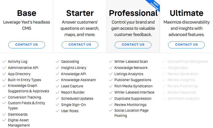Yext plan comparison showing Base, Starter, Professional marked Most Popular, and Ultimate; each card has a Contact Us button and lists included features.