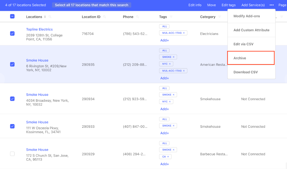 Uberall locations table with four of 17 locations selected and an actions menu showing Modify Add-ons, Edit via CSV, Archive, and Download CSV.