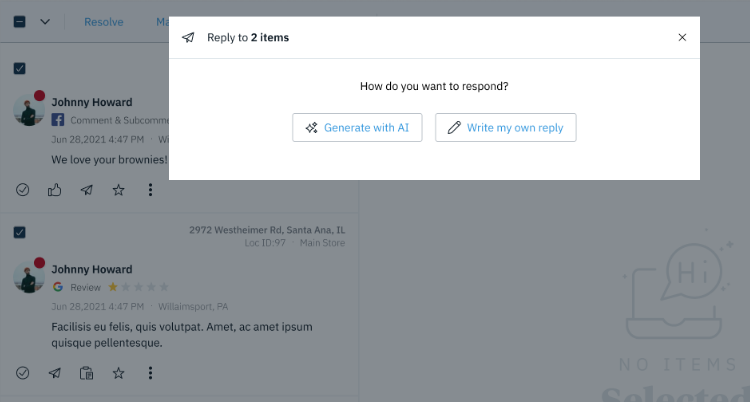 Uberall review dashboard showing a “Reply to 2 items” dialog with “Generate with AI” and “Write my own reply” options.