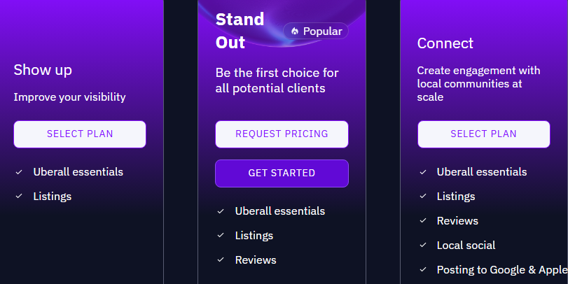 Uberall pricing cards for Show Up, Stand Out, and Connect, with Stand Out marked Popular and offering request-pricing and get-started buttons.