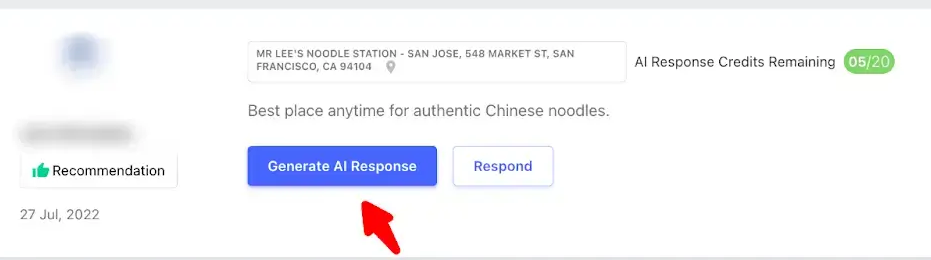 Review dashboard showing a recommendation for Mr Lee’s Noodle Station, 05/20 AI response credits, and Generate AI Response and Respond buttons.