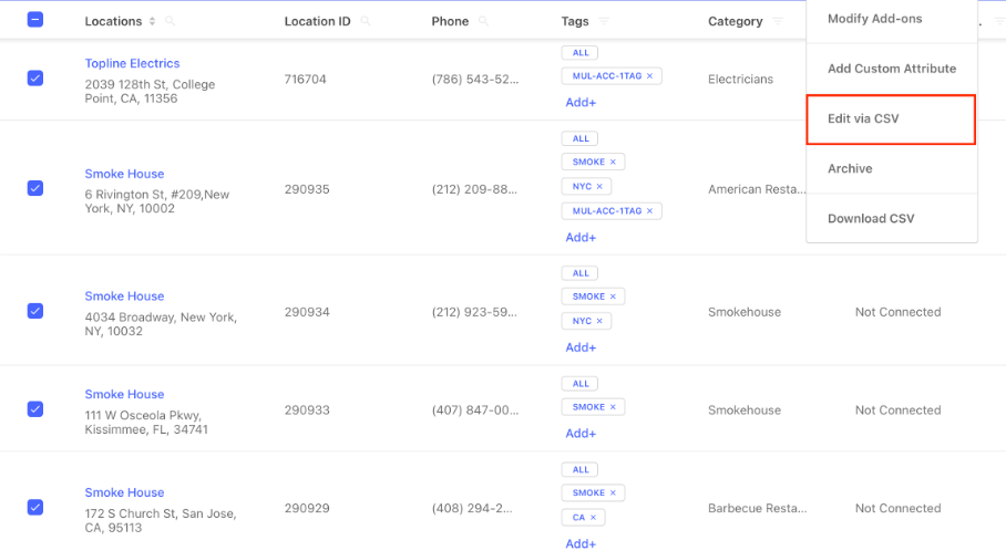 Locations dashboard with five selected business listings, location IDs, phone numbers, tags, categories, and an Edit via CSV menu option.