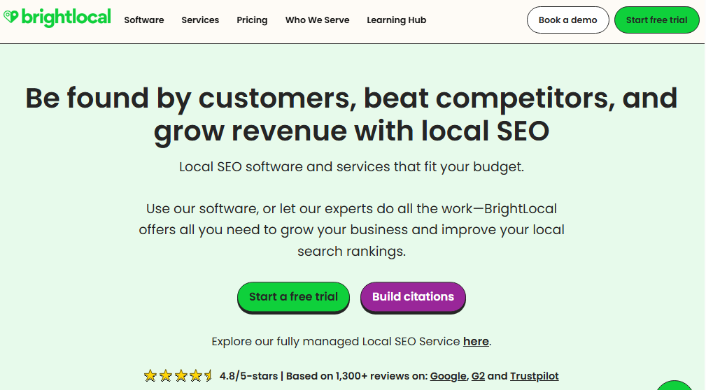 BrightLocal homepage promoting local SEO software and services, with free-trial, citation-building, and demo calls to action