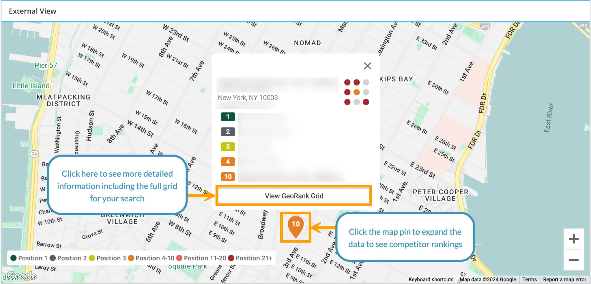 External View map of Manhattan with a position 10 pin, GeoRank Grid details panel, competitor ranking callouts, and color-coded position legend.