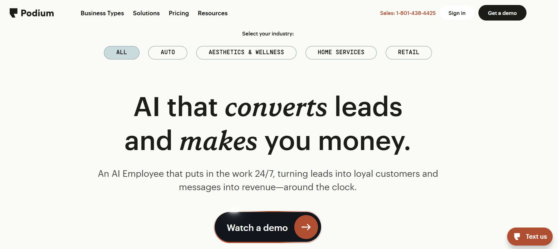 Podium webpage promoting an AI Employee that converts leads, with industry filters and a Watch a demo button