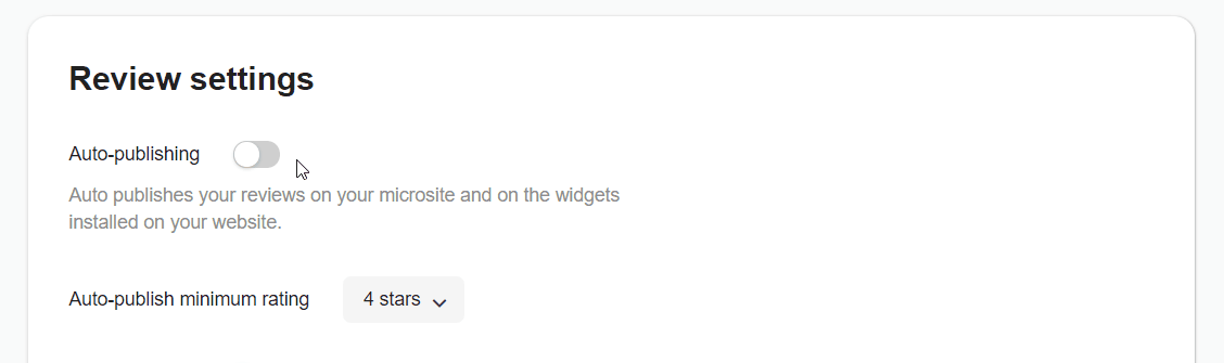 Review settings panel with auto-publishing turned off and the minimum auto-publish rating set to 4 stars