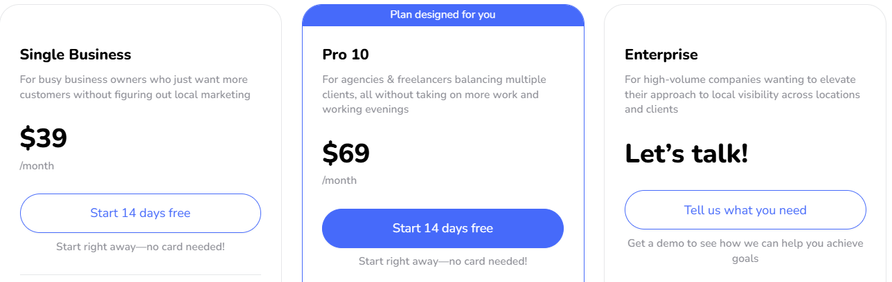 Localo pricing cards showing Single Business at $39 monthly, Pro 10 at $69 monthly, and custom Enterprise pricing