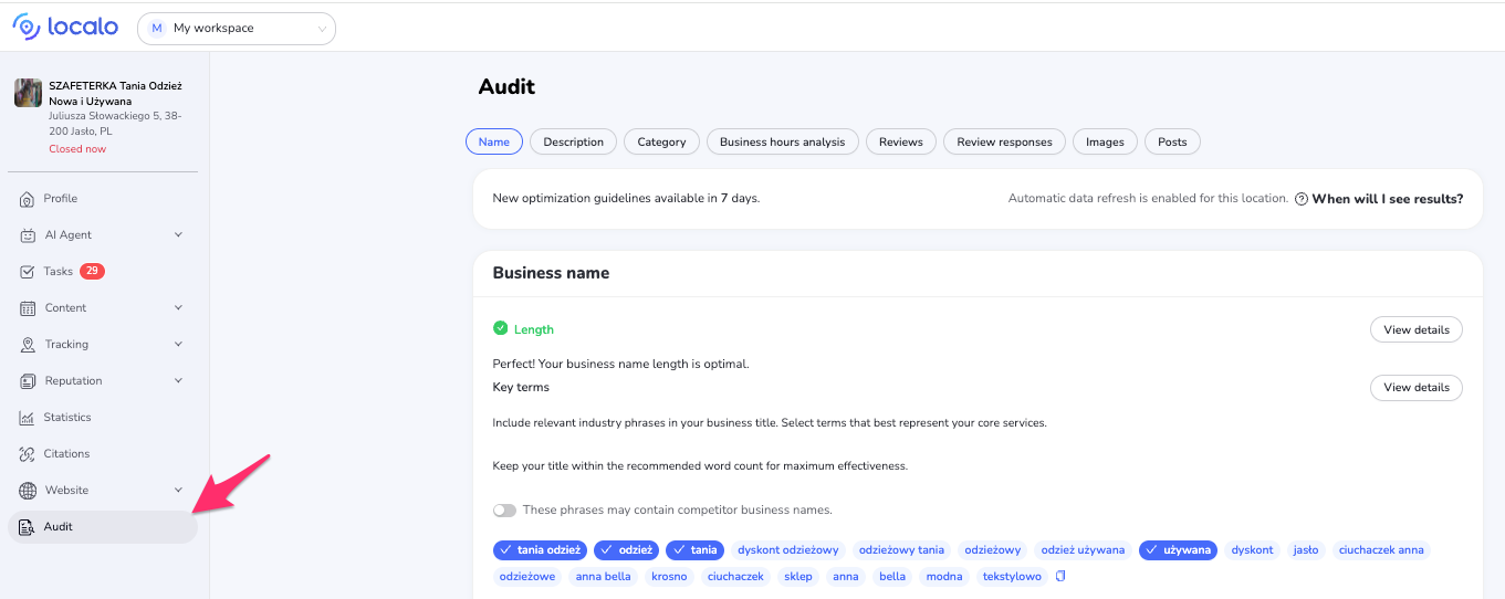 Localo Audit dashboard showing business-name checks, keyword guidance, competitor-name filtering, and optimization tags