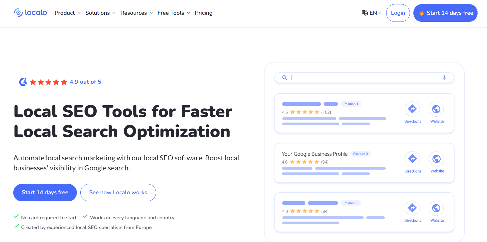 Localo webpage for local SEO tools with a 4.9 out of 5 rating, 14-day free trial, and illustrated Google search results