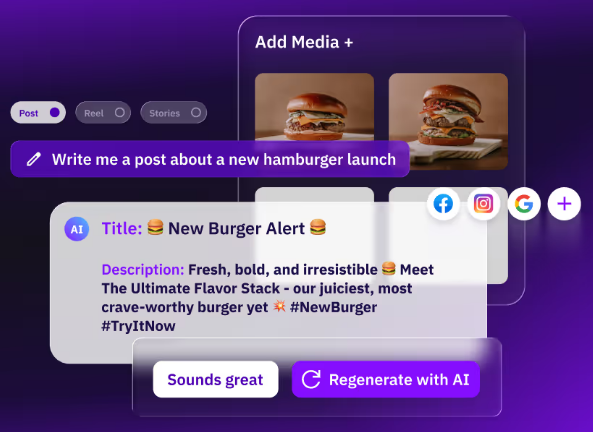 Social post composer generating a New Burger Alert title and promotional description, with Facebook, Instagram, and Google channel icons.