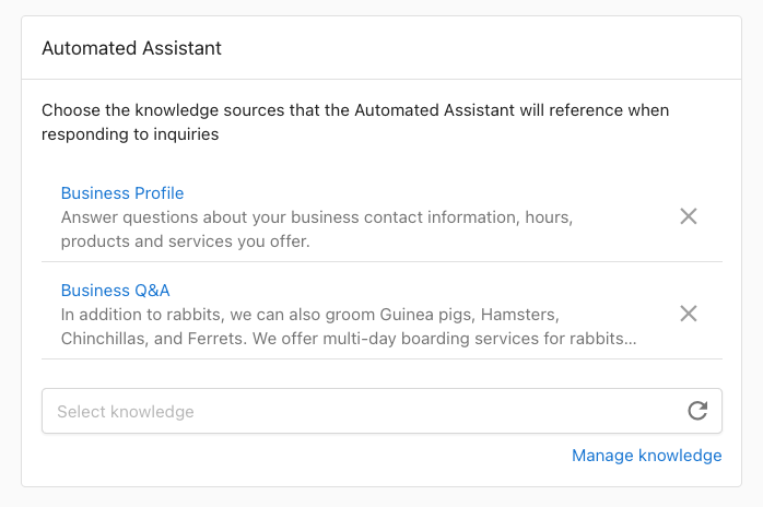 Broadly Automated Assistant settings using Business Profile and Business Q&A as knowledge sources