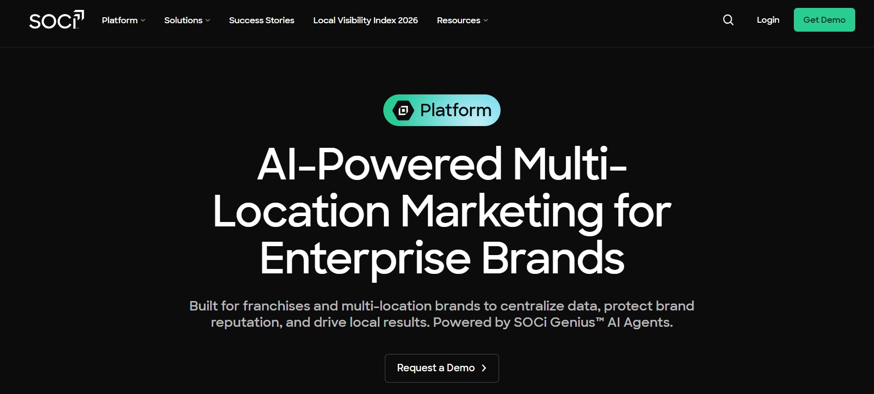 SOCi platform page headed AI-Powered Multi-Location Marketing for Enterprise Brands, with Request a Demo button