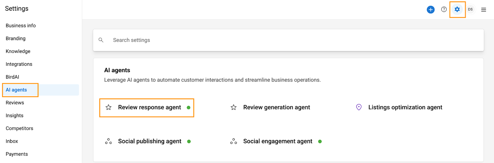 Birdeye AI agents settings showing review response, review generation, listings optimization, social publishing, and social engagement agents