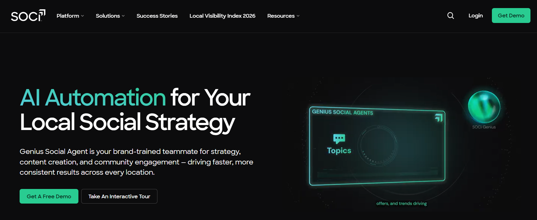 SOCi Genius Social Agent page promoting AI automation for local social strategy, content creation, and community engagement