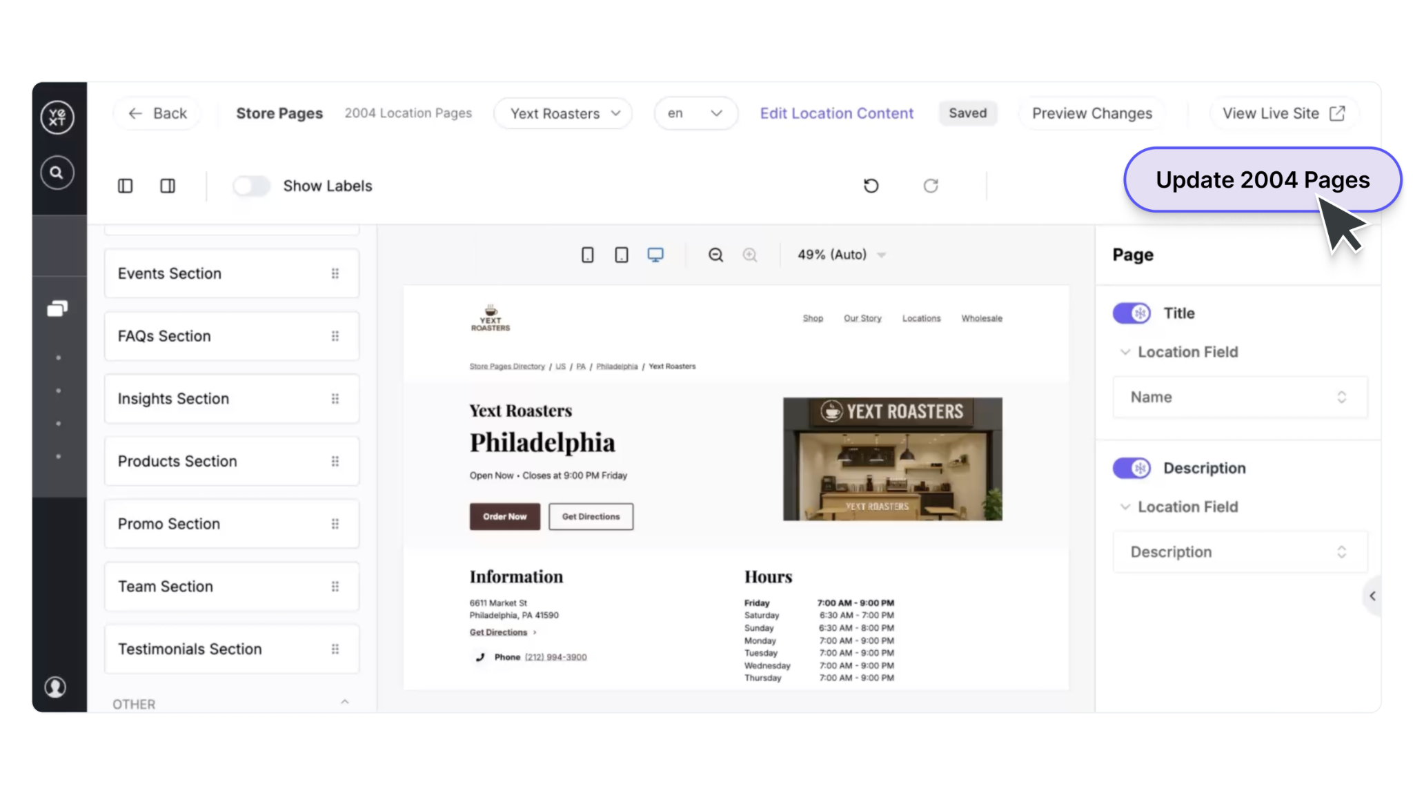 Yext Store Pages editor for 2,004 location pages, showing location content fields and an Update 2004 Pages button