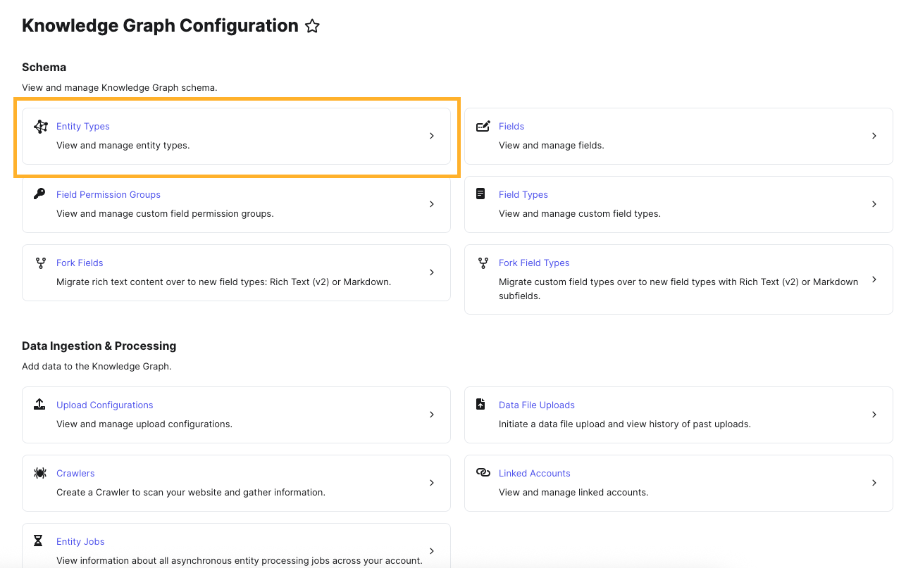 Yext Knowledge Graph Configuration page with Entity Types highlighted among schema and data-ingestion settings.