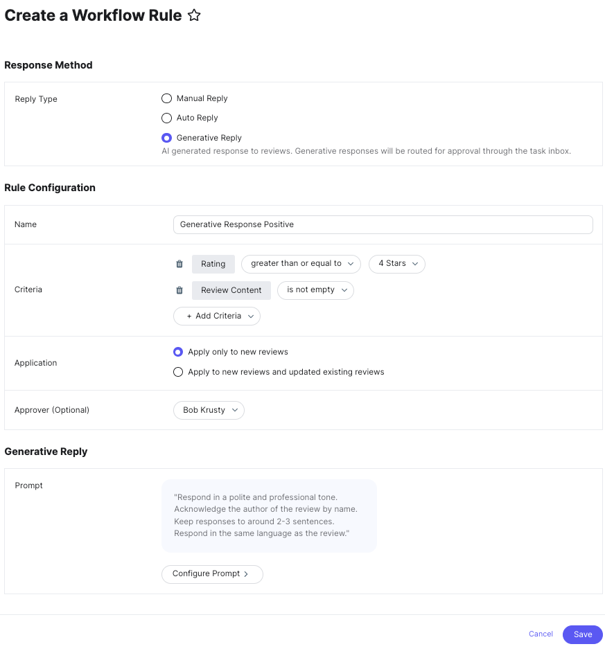 Yext Create a Workflow Rule screen with Generative Reply selected for reviews rated four stars or higher and requiring approval.