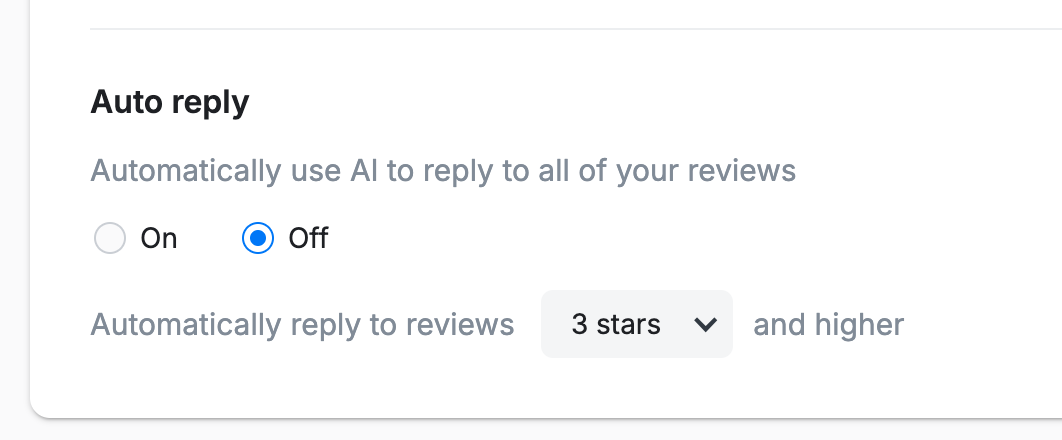 Review Auto reply settings showing AI replies turned off and an automatic reply threshold of 3 stars and higher.