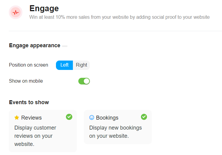NiceJob Engage settings with left-side placement, mobile display enabled, and Reviews and Bookings selected as social proof events.