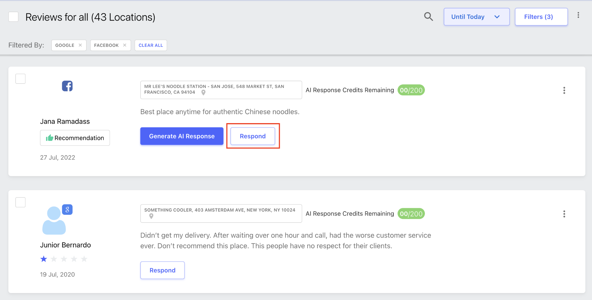 Review dashboard for 43 locations showing Google and Facebook filters, review cards, AI response credits, and Generate AI Response buttons.