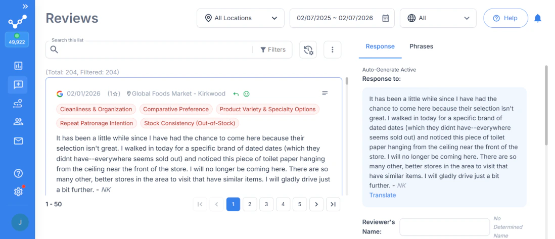 RightResponse AI reviews workspace with a generated response panel