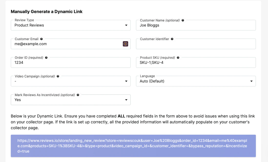 REVIEWS.io form for manually generating a dynamic review link