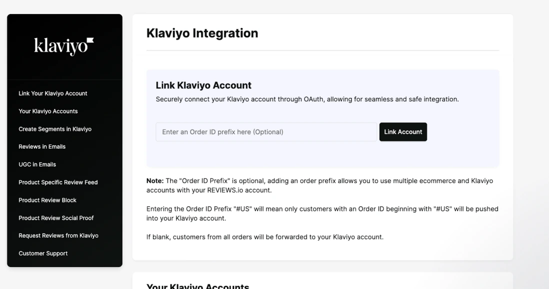 REVIEWS.io Klaviyo integration page showing account linking setup