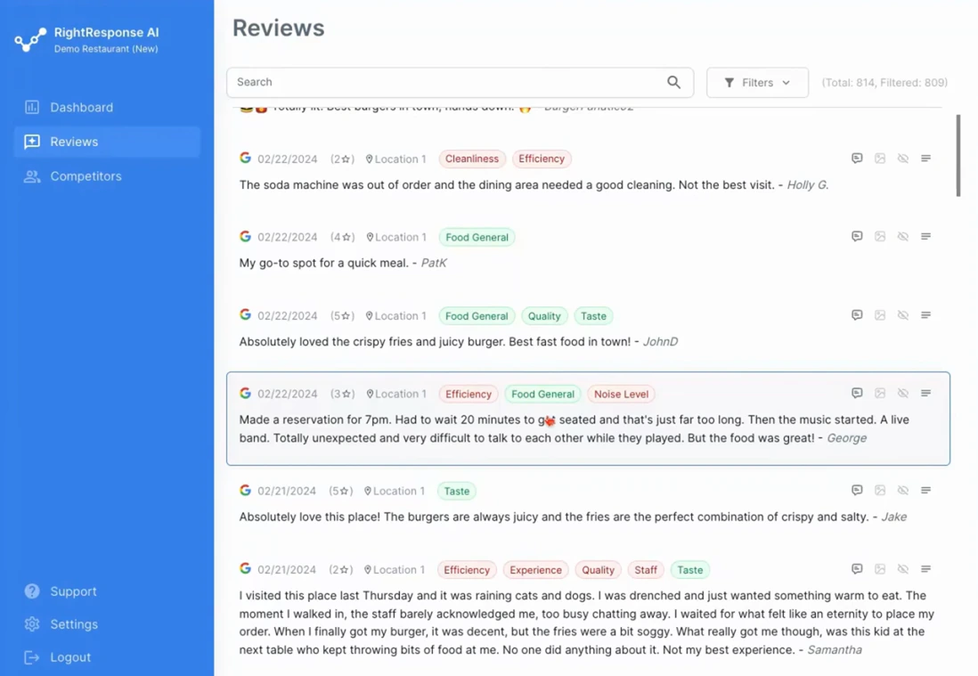 RightResponse AI review list showing generated replies and review request workflow context