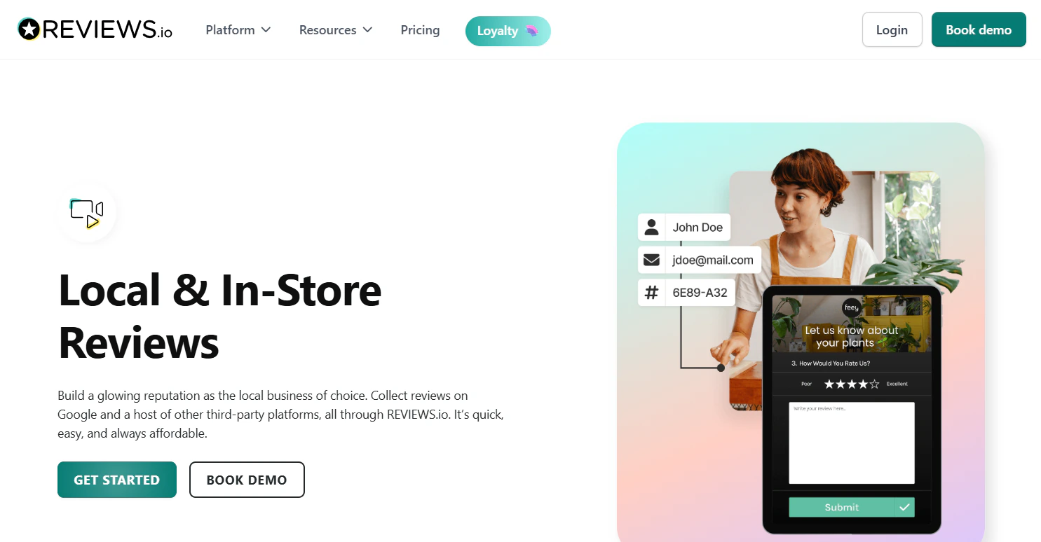 REVIEWS.io Local & In-Store Reviews page with a customer review form displayed on a tablet beside a store employee.