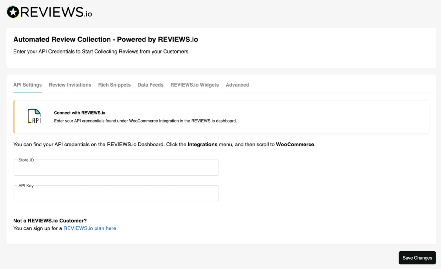 REVIEWS.io WooCommerce integration settings with API credential fields and tabs for invitations, rich snippets, data feeds, and widgets.