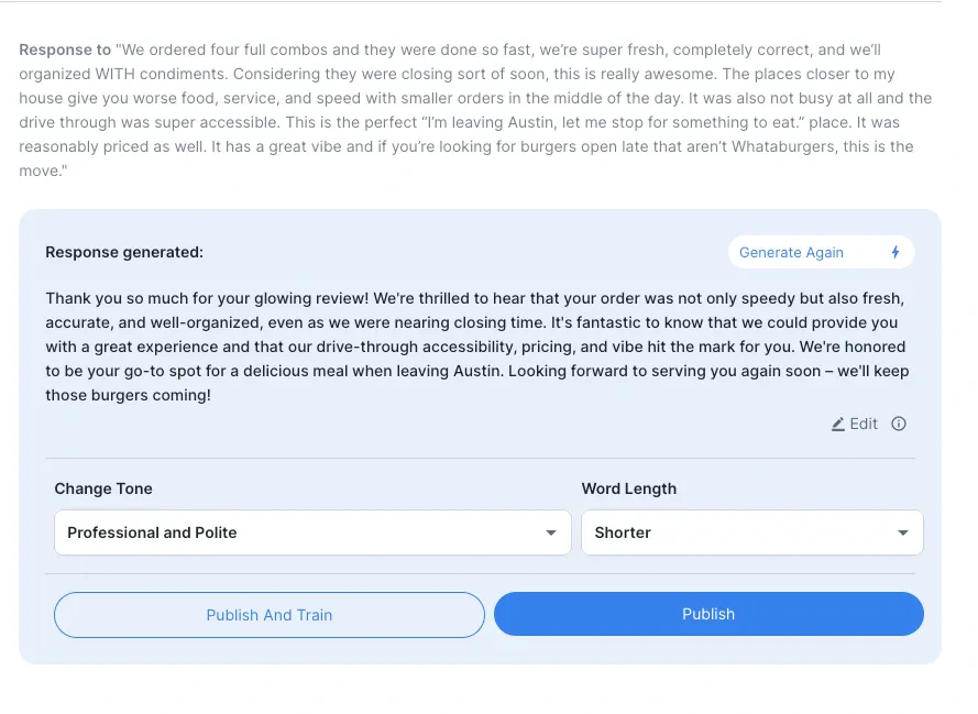 RightResponse AI review response composer using review details and business information