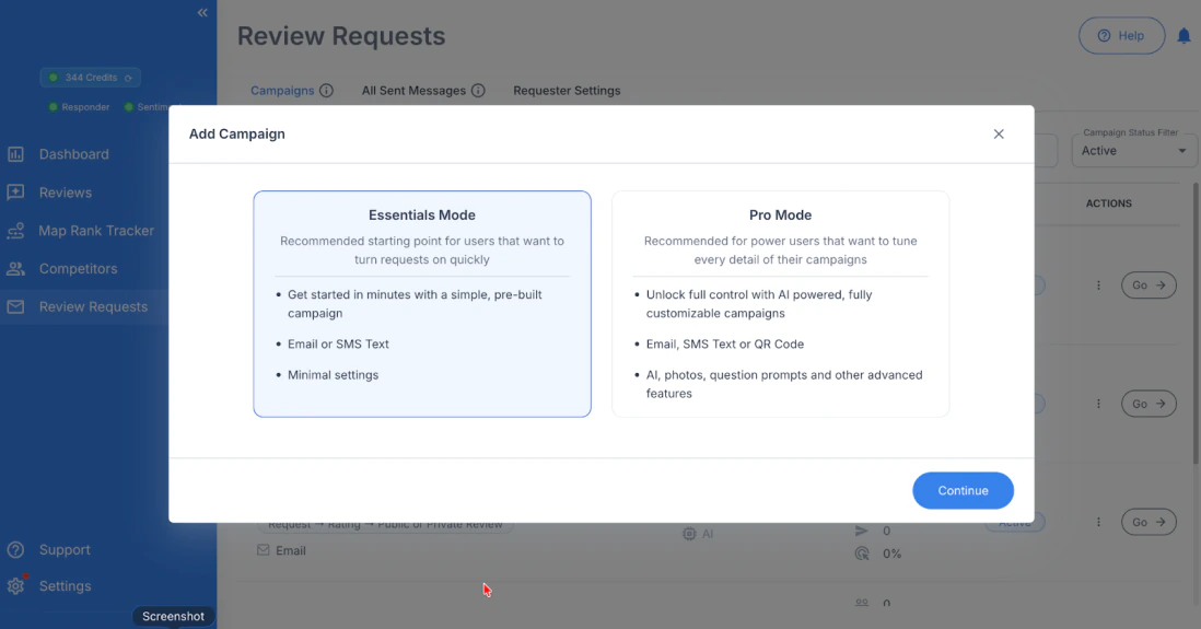 RightResponse AI review request screen showing AI campaign and review request options