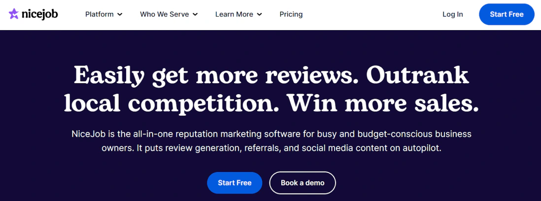 NiceJob homepage showing reputation marketing for local businesses
