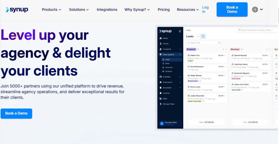 Synup agency landing page with navigation, “Level up your agency & delight your clients” headline, Book a Demo buttons, and a sales pipeline preview.