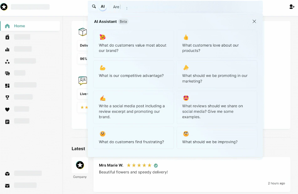 REVIEWS.io AI Assistant panel with prompts for customer insights, marketing ideas, and social media posts.