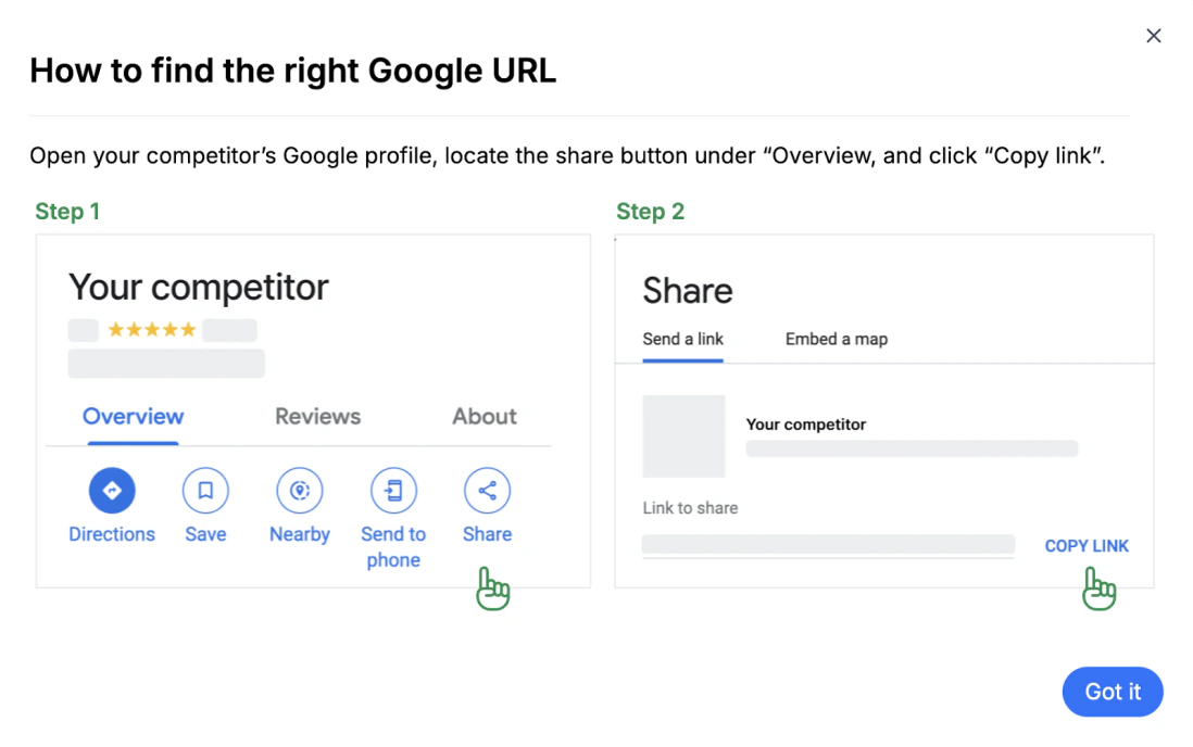 NiceJob competitor insights help screen showing Google URL setup steps