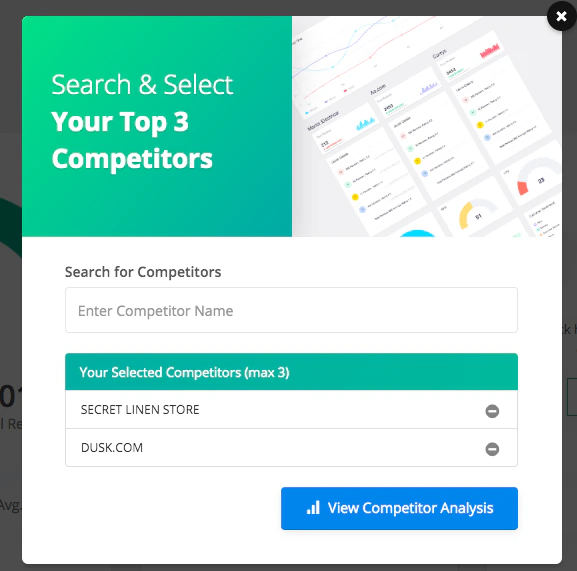 REVIEWS.io competitor analysis setup screen showing competitor selection