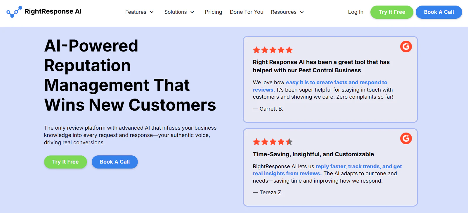 RightResponse AI homepage featuring AI-powered reputation management messaging and two customer review examples.