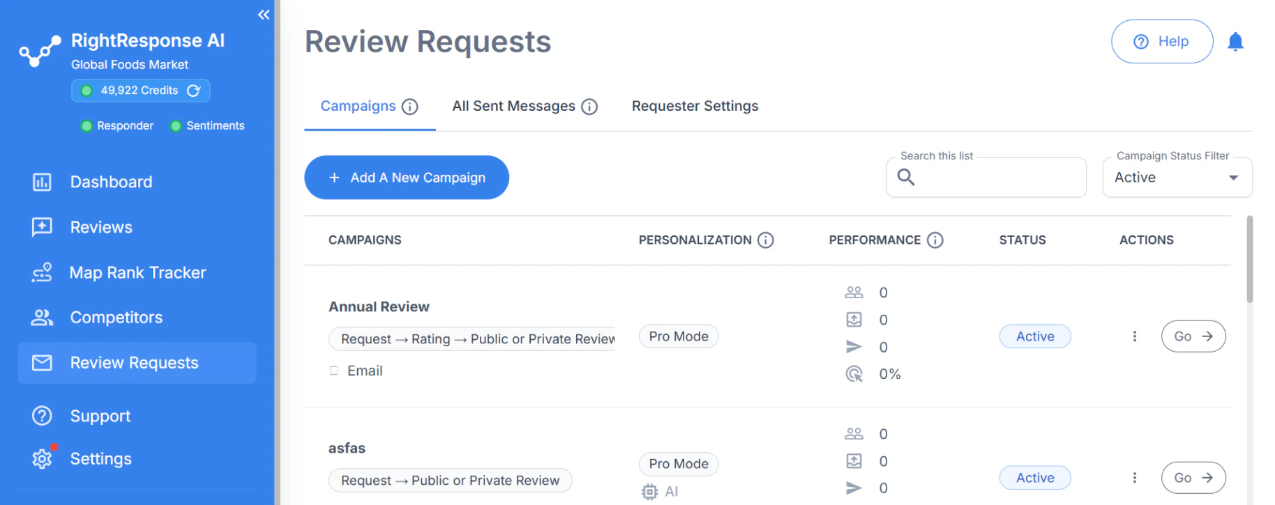 RightResponse AI Review Requests dashboard listing active campaigns, personalization modes, performance, and actions.