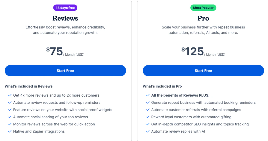 NiceJob pricing page showing Reviews and Pro plan cards