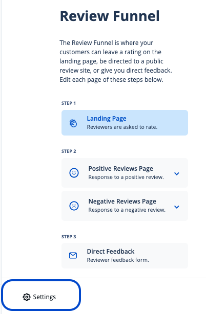 Review Funnel editor showing a landing page, positive and negative review pages, direct feedback, and settings across three steps.