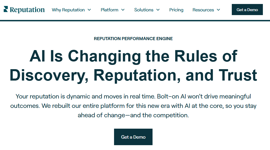 Reputation homepage with the headline “AI Is Changing the Rules of Discovery, Reputation, and Trust” and a Get a Demo button.