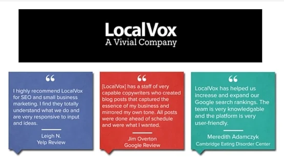 LocalVox logo above three testimonial cards in blue, red, and teal featuring Yelp and Google reviews from named customers.