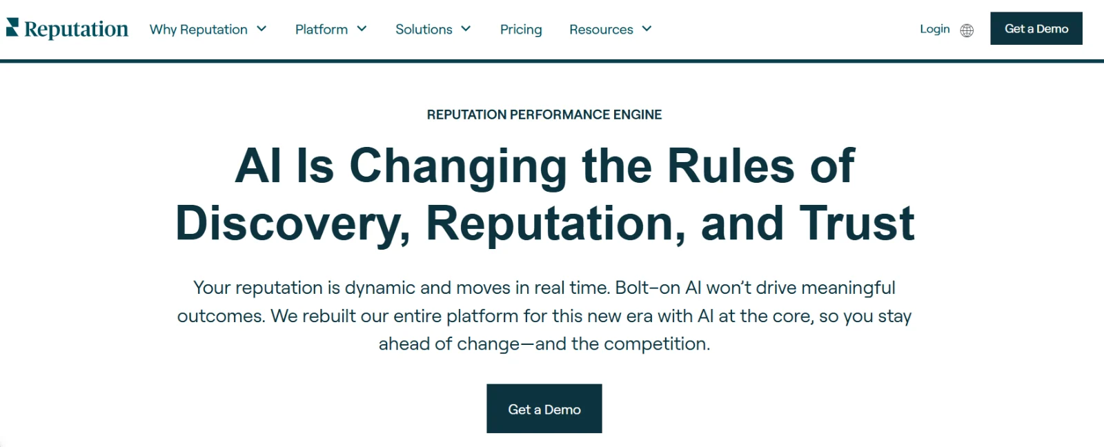 Reputation.com homepage with the headline “AI Is Changing the Rules of Discovery, Reputation, and Trust” and a Get a Demo button.
