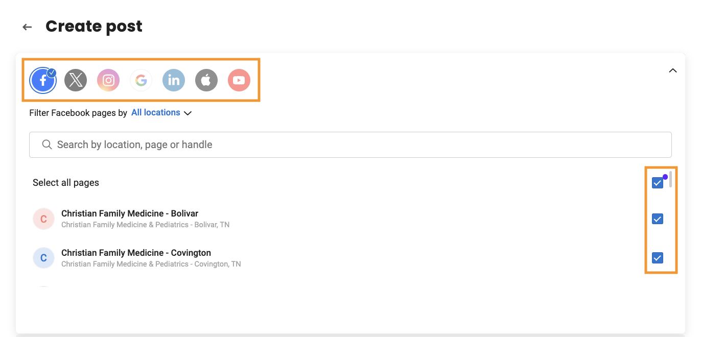 Create post screen with seven channel icons, a location-page search field, and selected Christian Family Medicine pages.