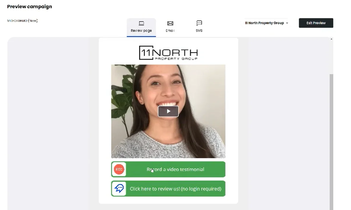 Cloutly campaign preview with Review page, Email, and SMS tabs, a video testimonial, and buttons to record a video or submit a review.