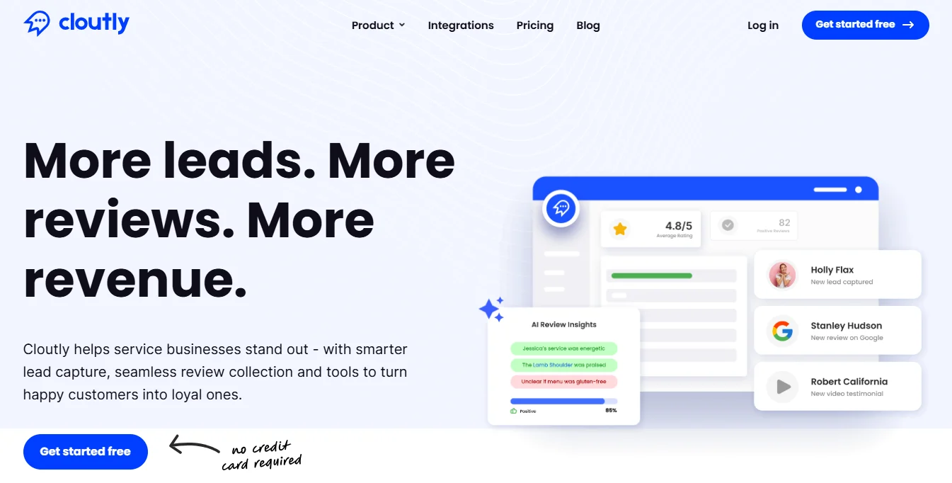 Cloutly homepage with “More leads. More reviews. More revenue,” a Get started free button, and a product illustration featuring AI Review Insights.