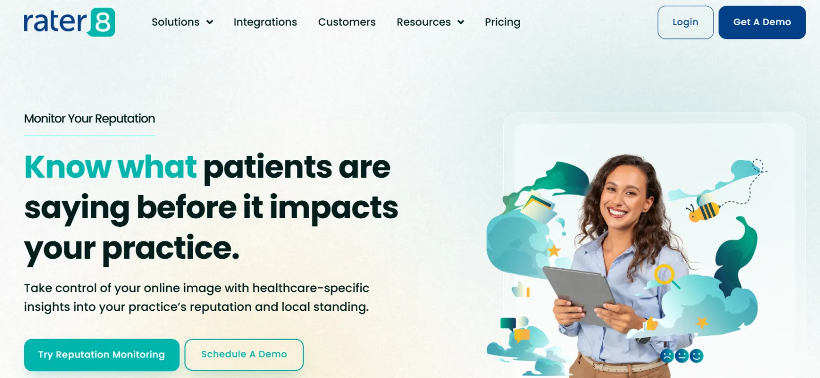 rater8 reputation monitoring page with the headline “Know what patients are saying before it impacts your practice” beside a healthcare professional.