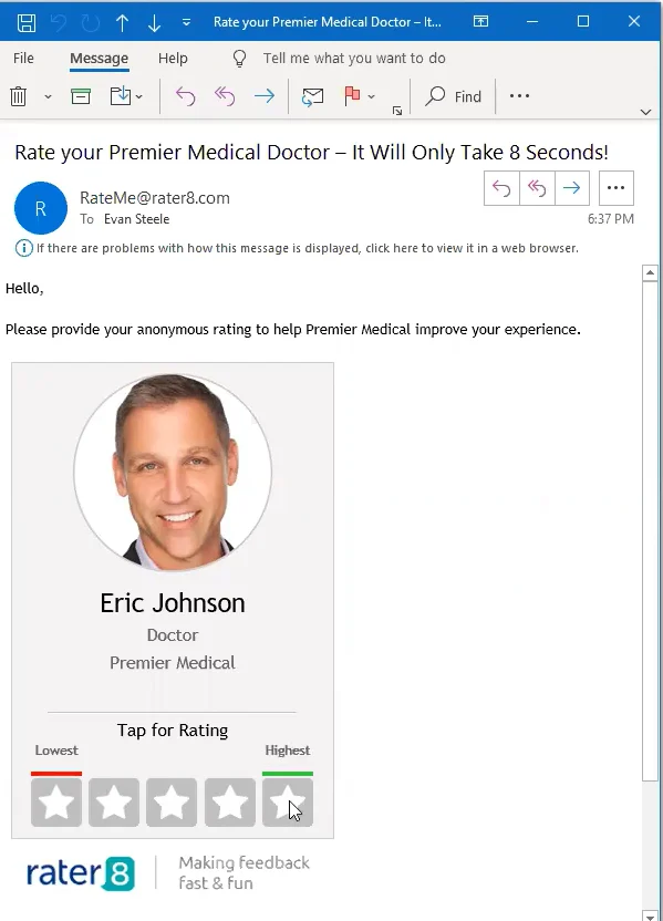 rater8 email asking for an anonymous Premier Medical rating, with Dr. Eric Johnson’s profile and a five-star scale labeled Lowest to Highest.