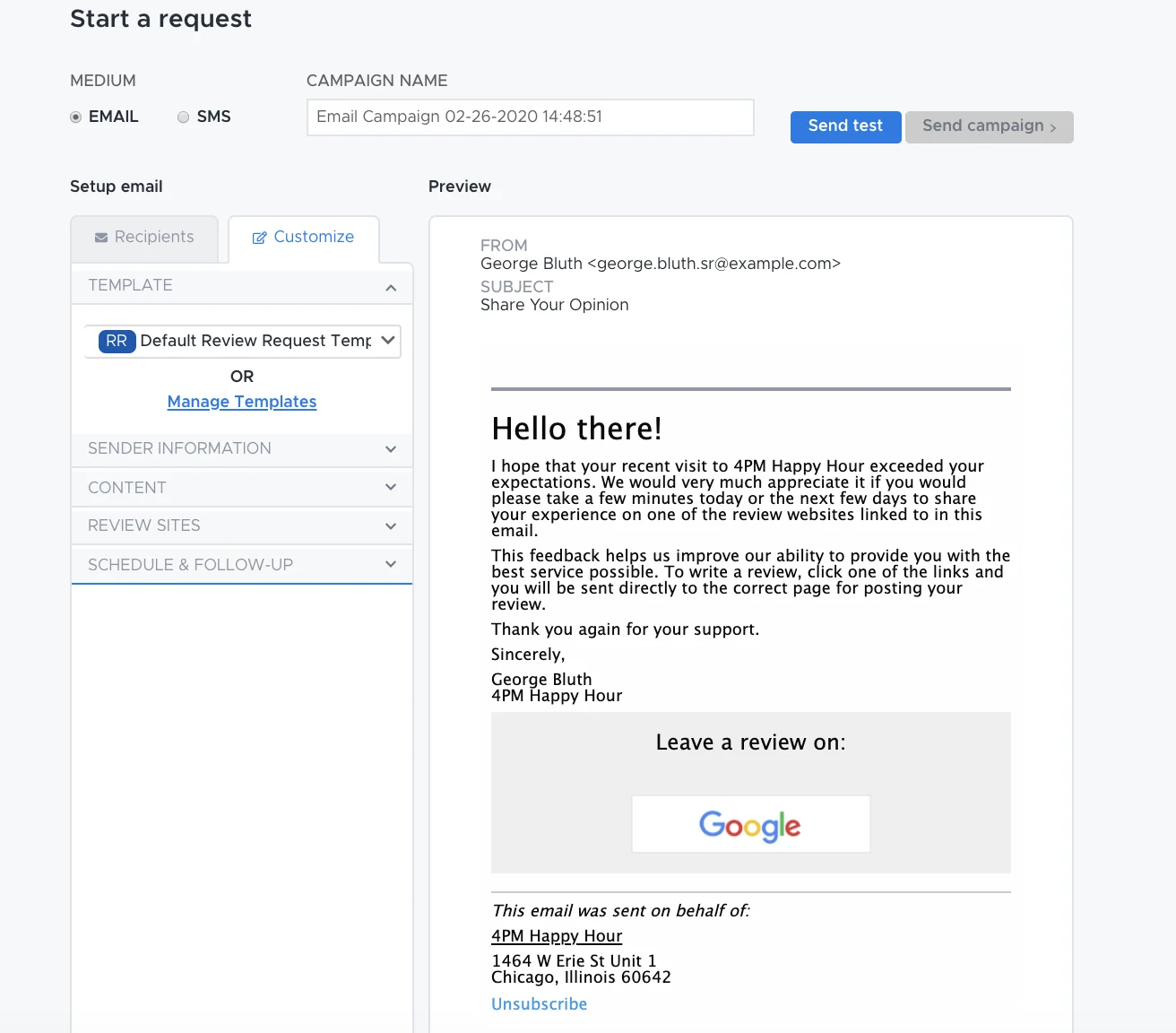 ReviewTrackers email review-request builder with template controls, campaign actions, and a preview linking customers to Google.